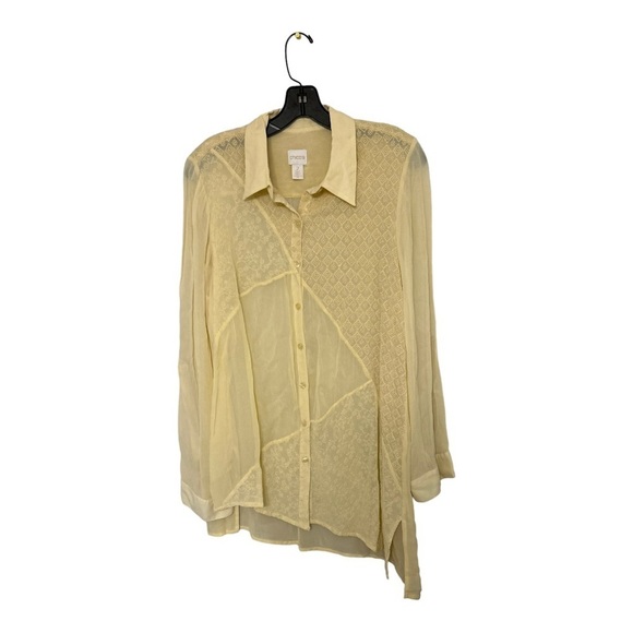 Chico's Tops - Chico’s Women’s Embroidered Mix Maya Top sheer Fabric diagonal hem, Size Large